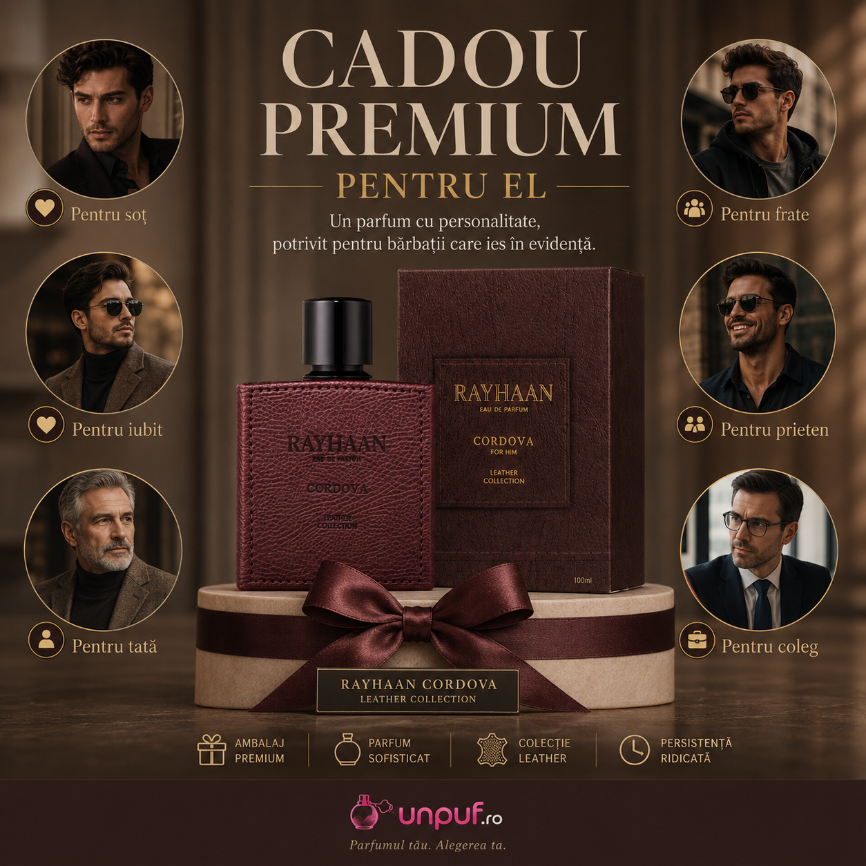 Rayhaan Cordova parfum Arăbesc pentru bărbați, flacon burgundy Leather Collection, aromă lemnoasă, pieloasă și ambrată